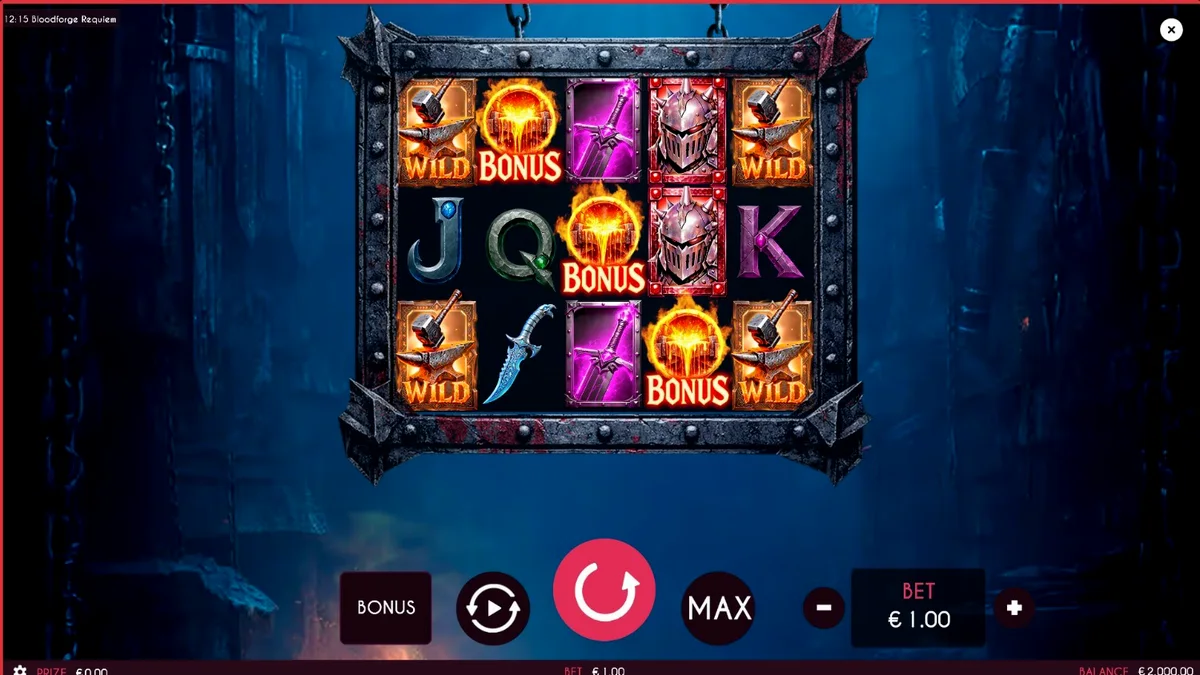 Tampilan visual slot Bloodforge Requiem dengan tema bengkel pandai besi yang membara